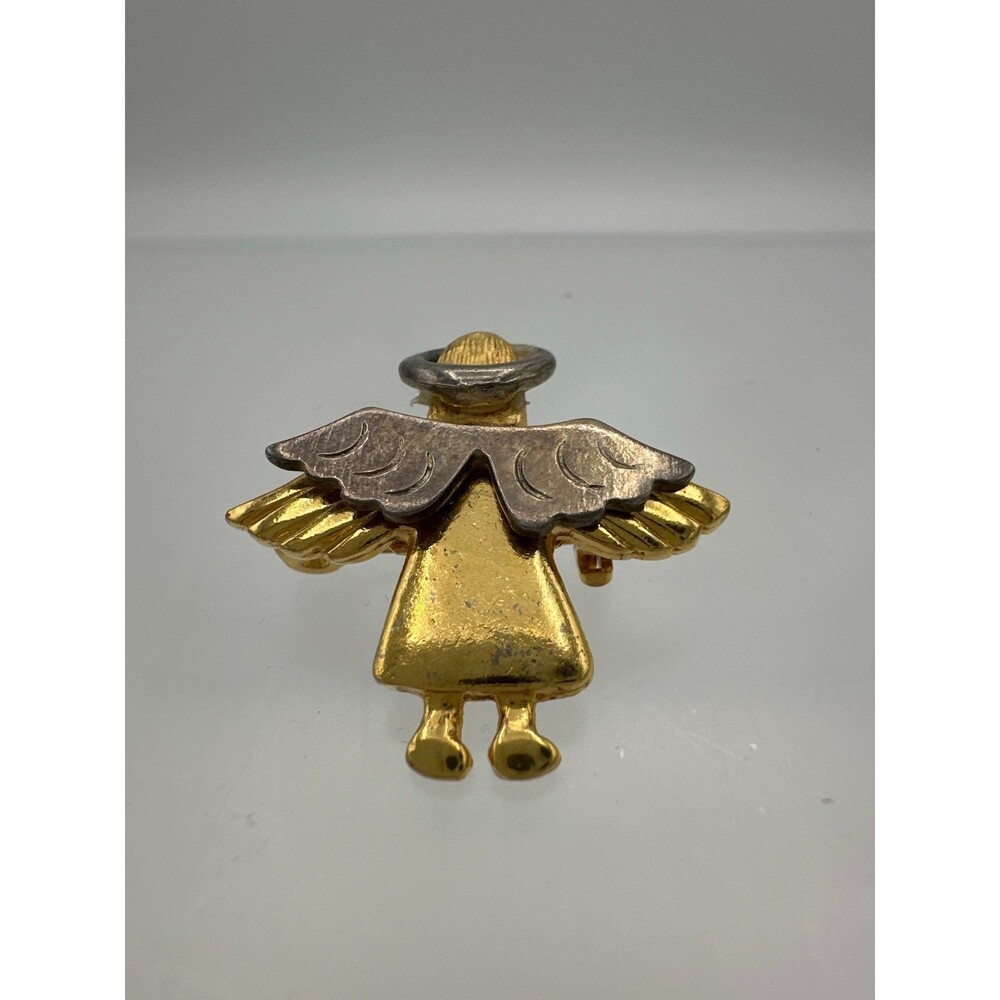 Vintage D.M. © 95 Gold Tone Angel Pin Brooch – Mixed Metal Wings &‎ Halo